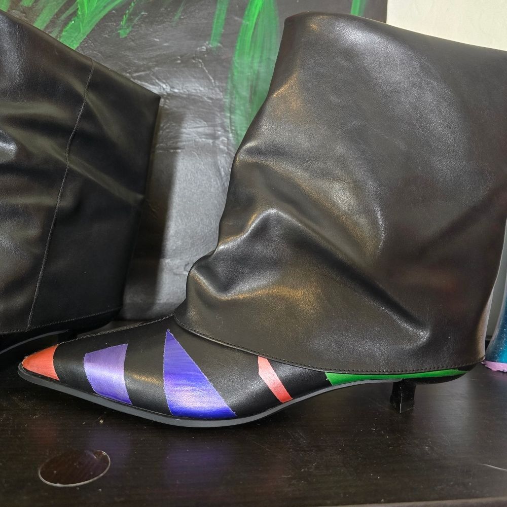 HANDCRAFTED Upcycled Abstract Ankle Boots HANDPAINTED Kitten Heel Slouch Booties - Picture 11 of 16